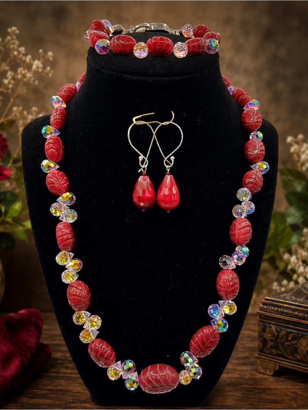 Ruby! Earth Mined Carved Genuine Red Ruby with Faceted Crystal Beads Jewelry Set